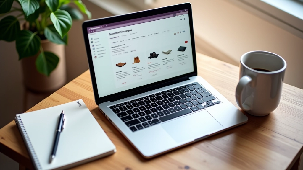 Laptop op houten bureau met WooCommerce dashboard zichtbaar, notitieblok en koffie ernaast