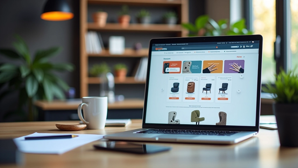 Moderne e-commerce werkruimte met computermonitor en webwinkel dashboard