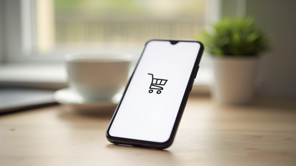 Smartphone op bureau met shopping cart en checkout scherm, winkelwagen interface