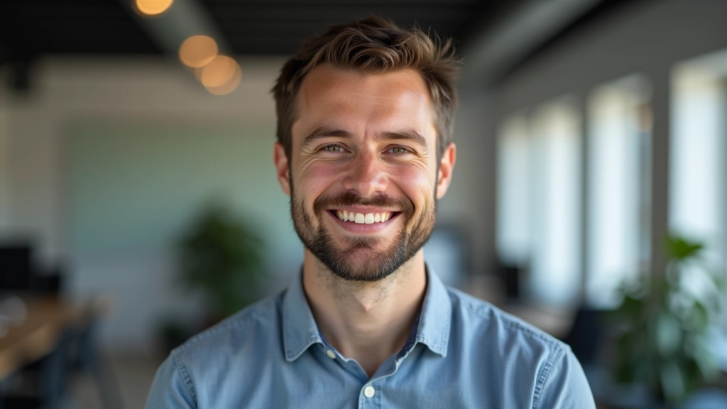 Portretfoto van ervaren webshop-expert, professioneel kantoor, vriendelijke uitdrukking